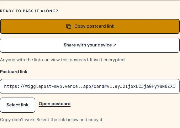 The manual copy fallback with the complete postcard link and Select link button