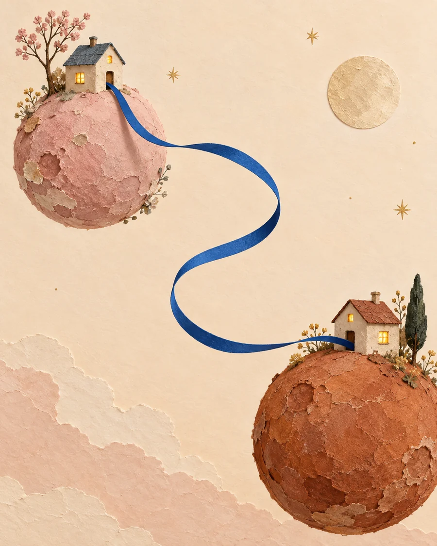 Two tiny houses on separate planets connected by a blue ribbon
