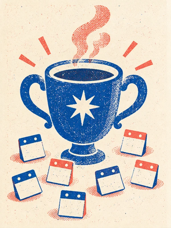 Risograph art-direction example of a coffee mug shaped like a trophy, surrounded by tiny calendars